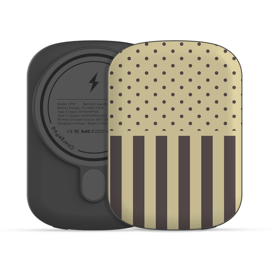 Cocoa Wafer 5000 mAh Power Bank featuring small cocoa-brown polka dots above bold vertical cocoa-brown stripes on a creamy vanilla background.