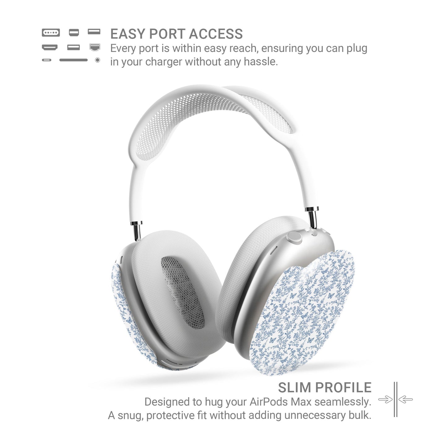 Butterfly Ballet AirPods Max Tough Case with vintage blue floral and butterfly print, slim glossy finish, and scratch-resistant hard shell design.