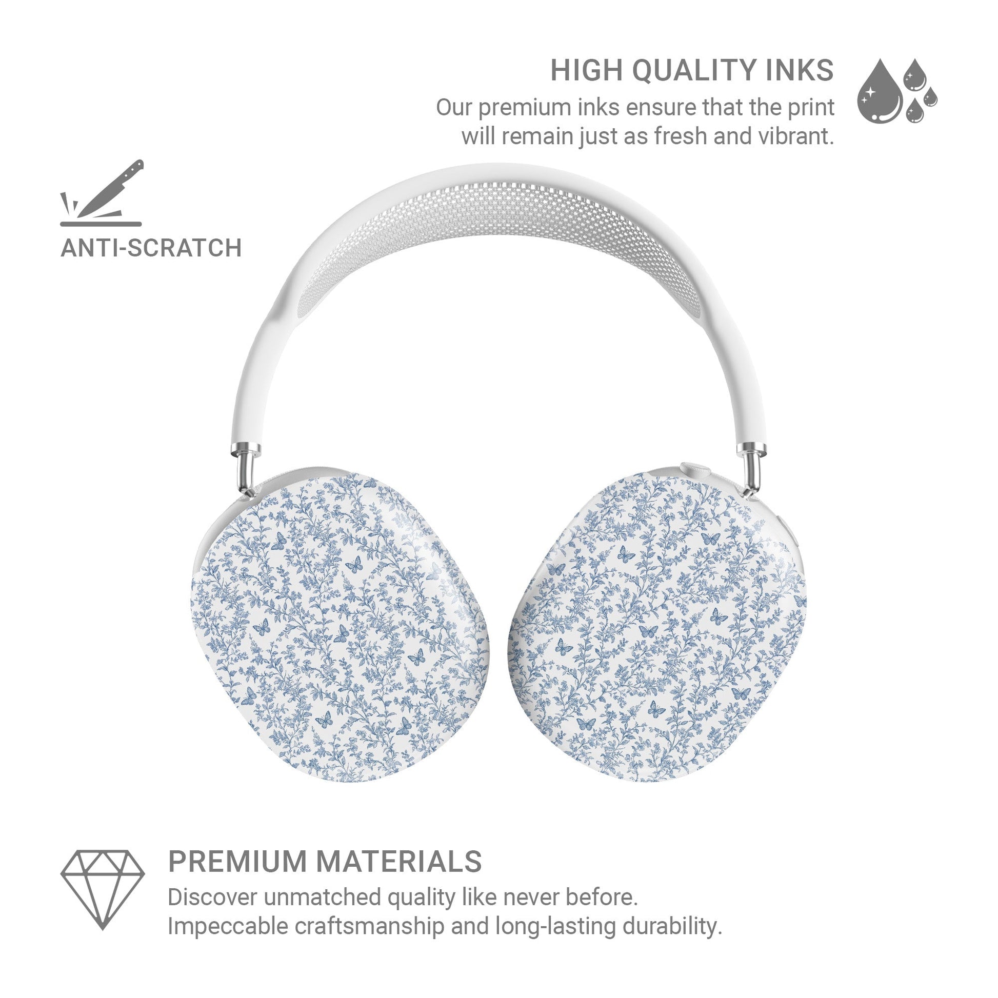 AirPods Max Tough Case with vintage blue floral and butterfly print, slim glossy finish, and scratch-resistant hard shell design.