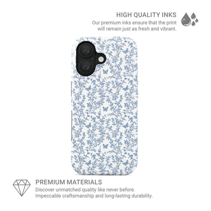 MagSafe Tough Phone Case – dual-layer blue floral butterfly design for iPhone