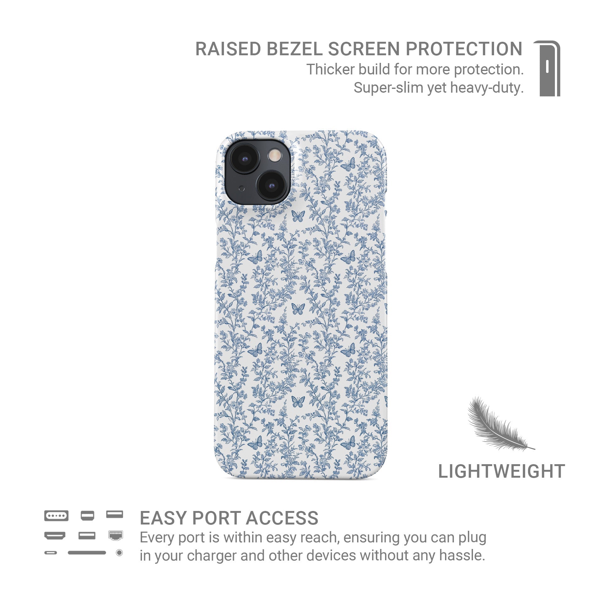 Designer phone case with blue floral and butterfly artwork in glossy finish