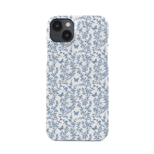 Designer phone case with blue floral and butterfly artwork in glossy finish