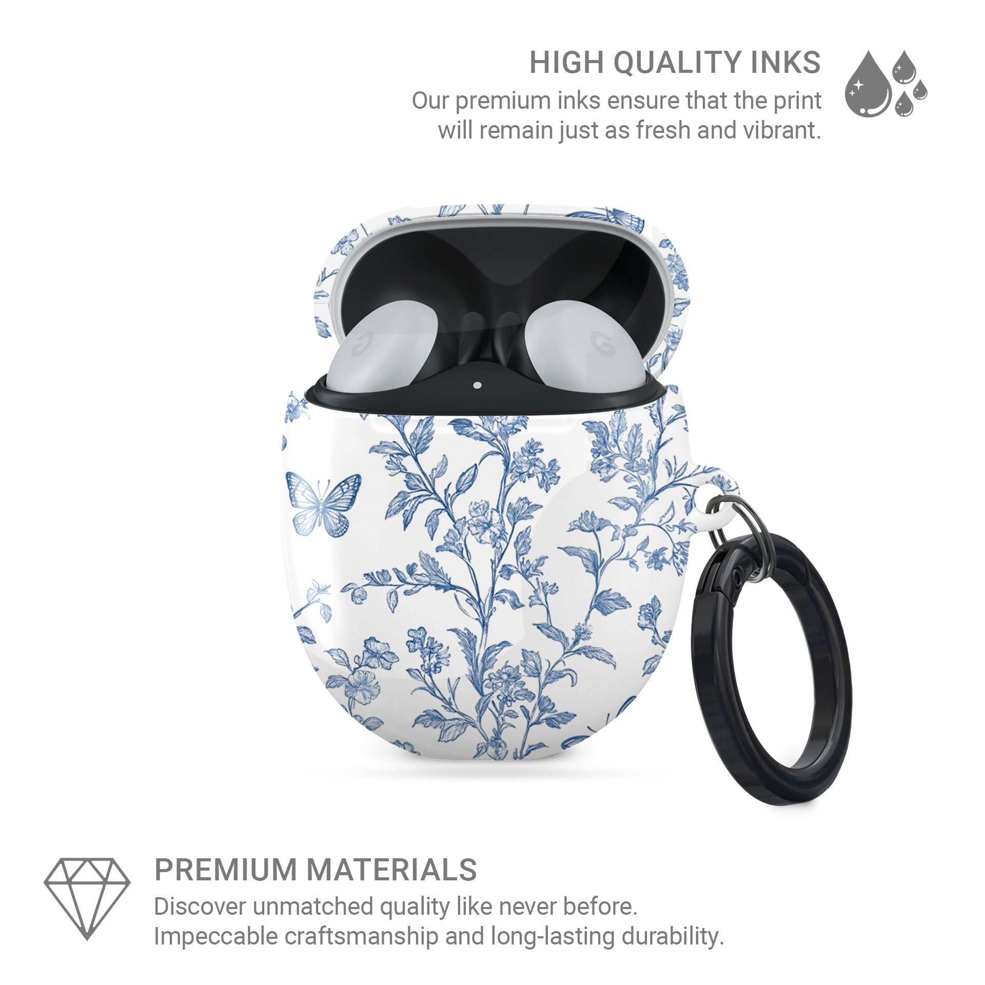 Google Pixel Buds Pro case with Butterfly Ballet design – blue floral and butterfly pattern, slim protective cover for Pixel Buds Pro and Pixel Buds Pro 2 burga