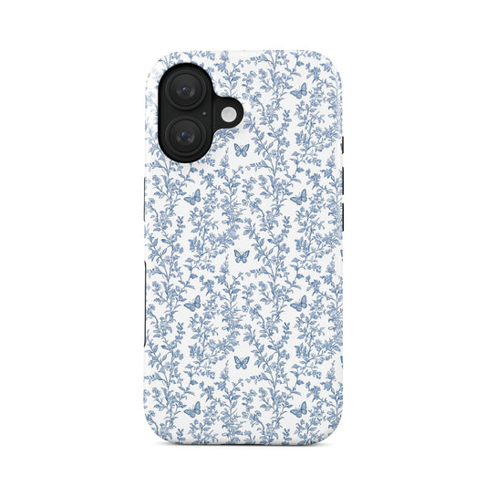 Designer tough phone case – slim dual-layer blue floral butterfly pattern