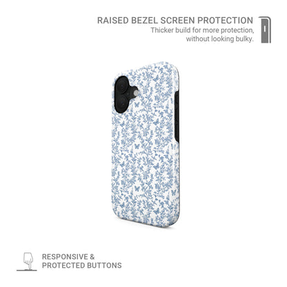Designer tough phone case – slim dual-layer blue floral butterfly pattern