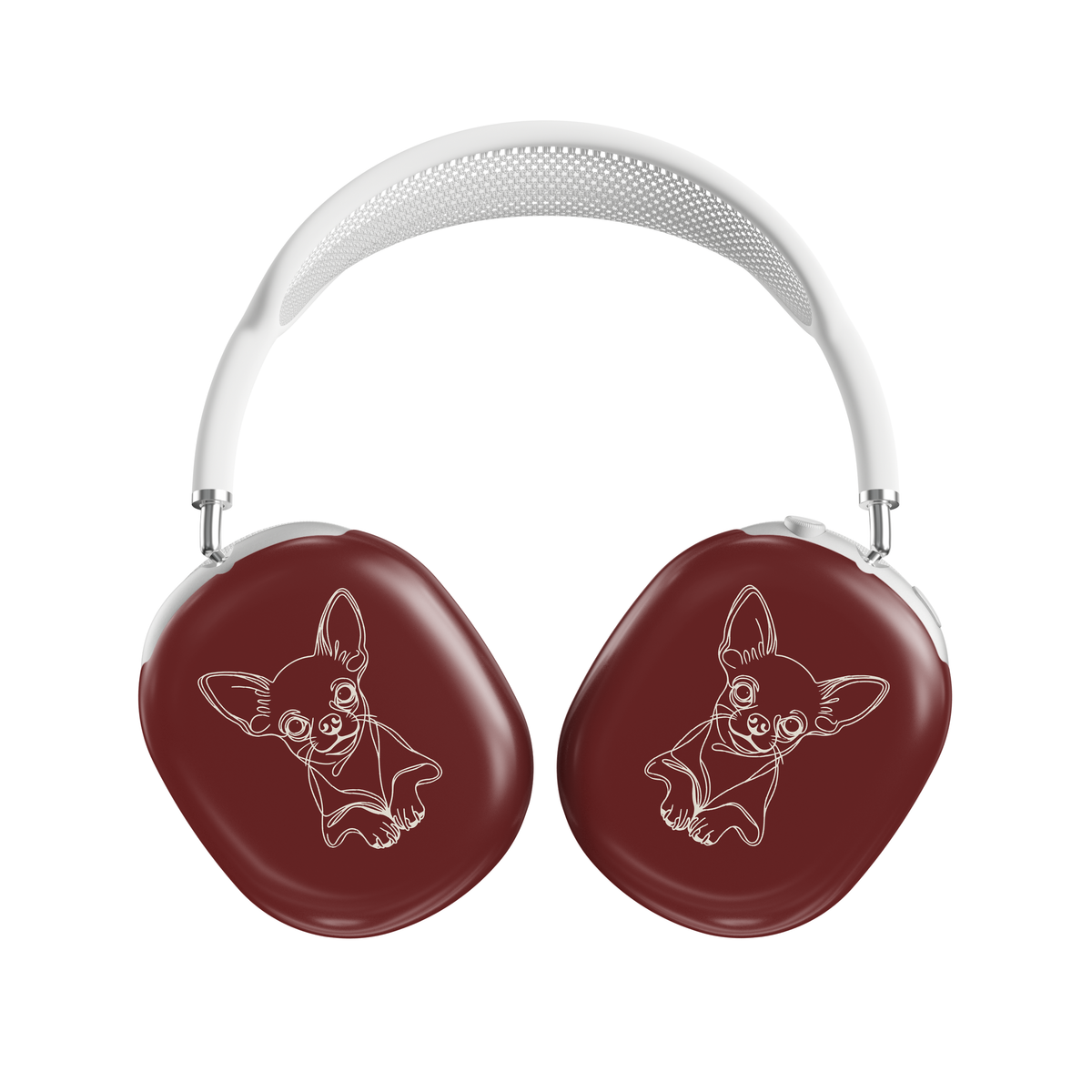 Sage Green AirPods Max ear-cup cover with pale Chihuahua line art, oversized ears and paws.