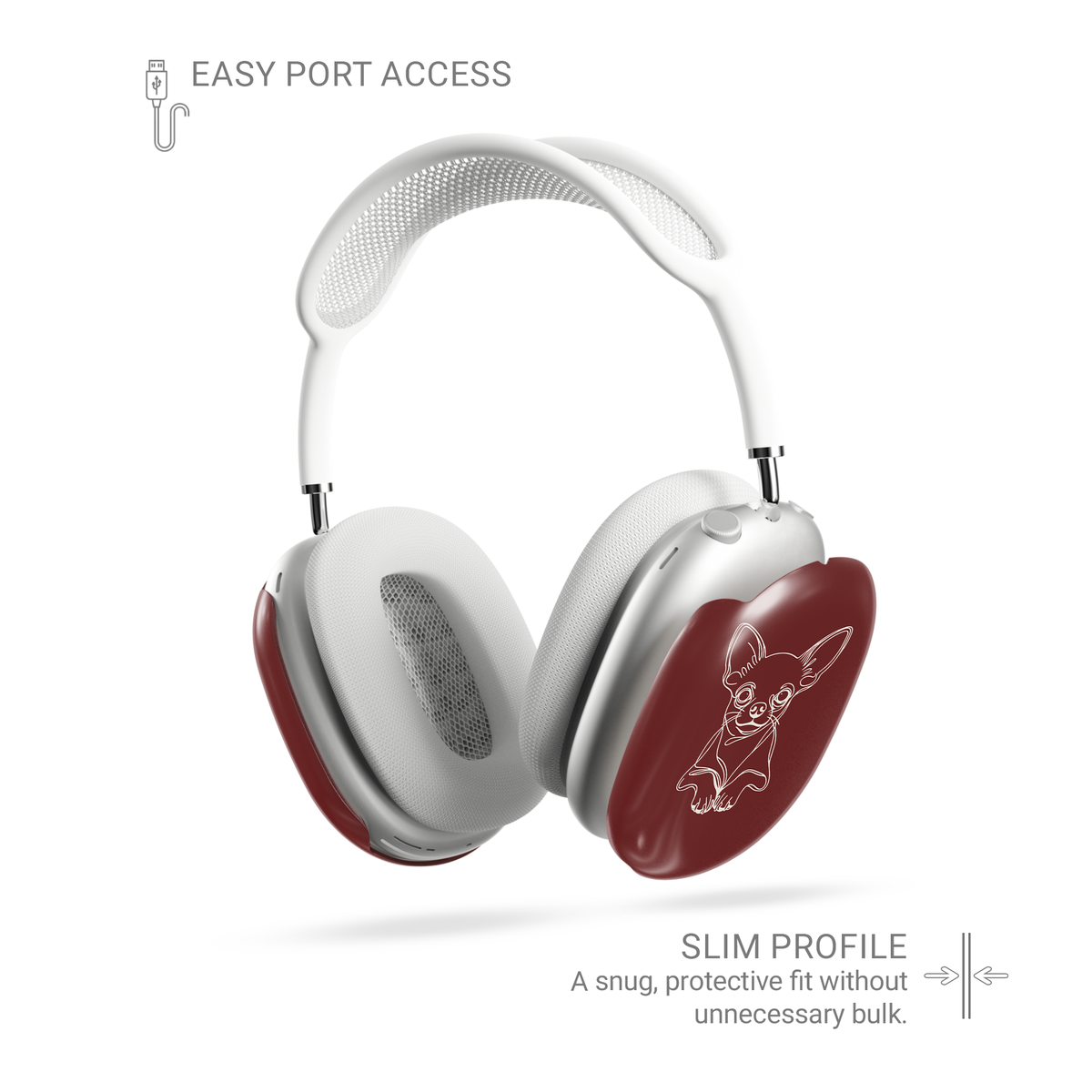 Claret Red AirPods Max ear-cup cover with pale Chihuahua line art, oversized ears and paws.