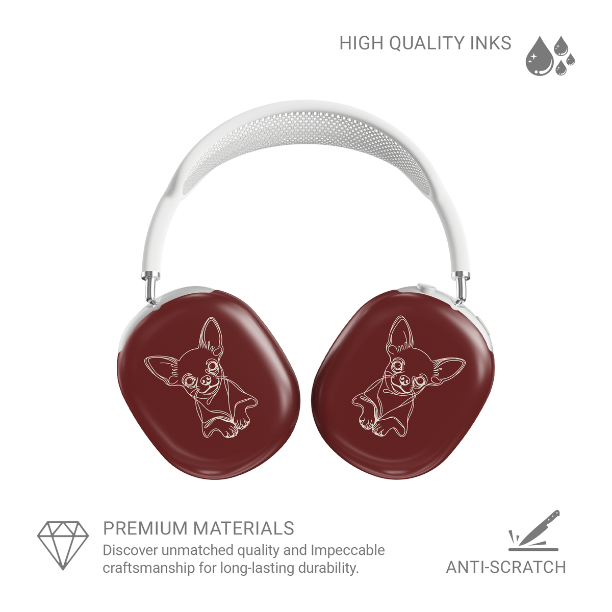 Taupe AirPods Max ear-cup cover with pale Chihuahua line art, oversized ears and paws.