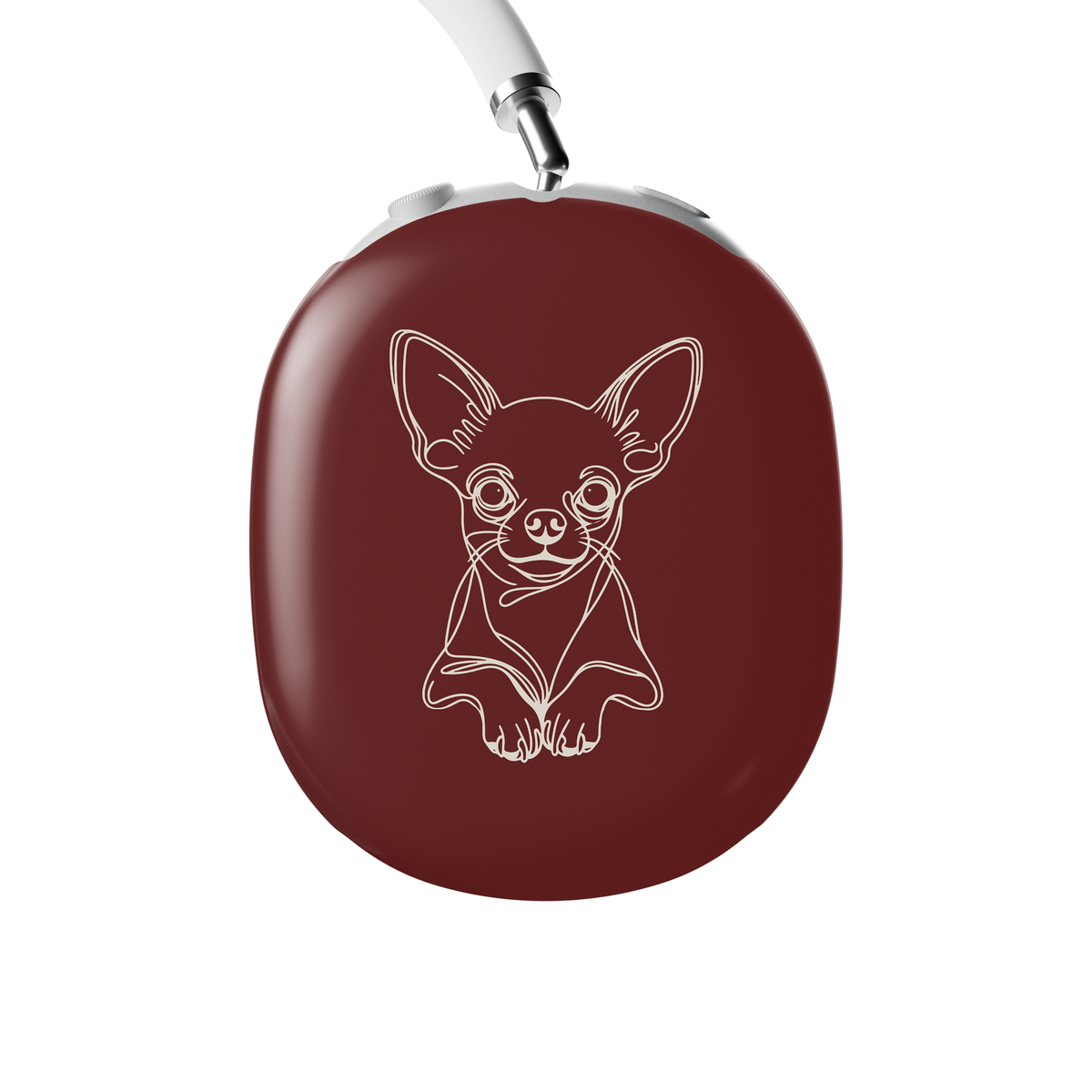 Midnight Blue AirPods Max ear-cup cover with pale Chihuahua line art, oversized ears and paws.