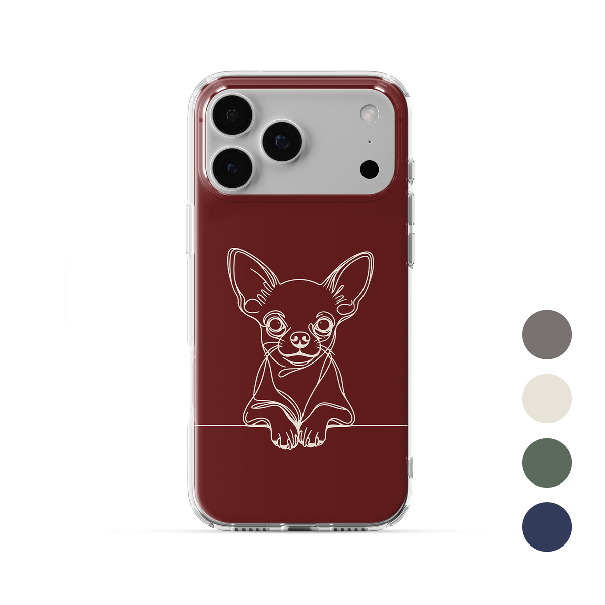 Clear phone case with Chihuahua line art, oversized ears and paws peeking over a fine horizontal line.