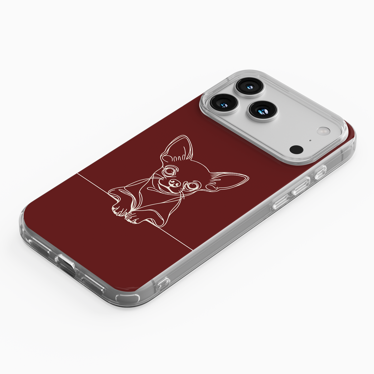 Clear phone case featuring a minimalist Chihuahua line art portrait with oversized ears and paws.