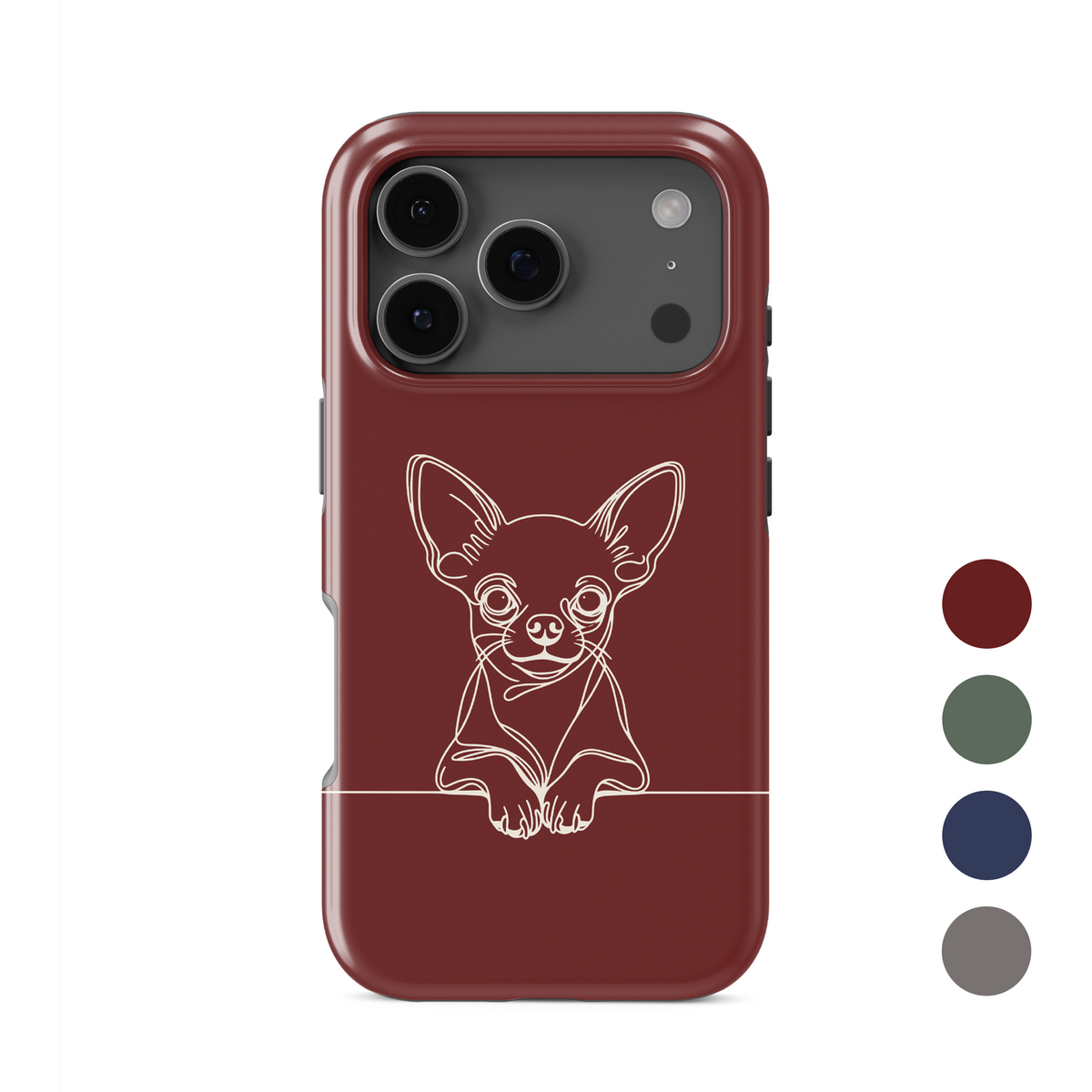 Cream MagSafe Tough phone case with black Chihuahua line art, oversized ears and paws resting on a fine horizontal line.