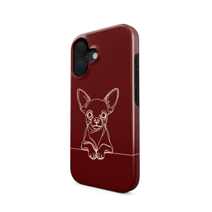 Sage Green MagSafe Tough phone case with pale Chihuahua line art, oversized ears and paws resting on a fine horizontal line.