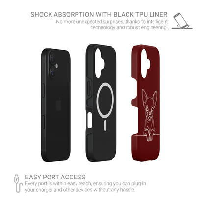 Claret Red MagSafe Tough phone case with pale Chihuahua line art, oversized ears and paws resting on a fine horizontal line.