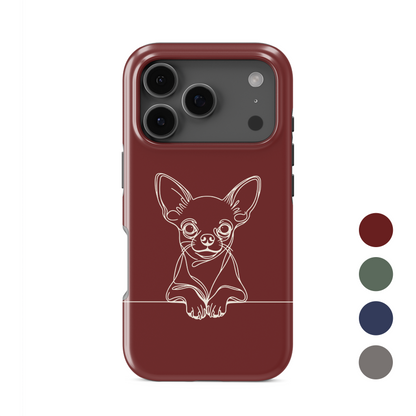 Cream Tough phone case with black Chihuahua line art, oversized ears and paws resting on a fine horizontal line.