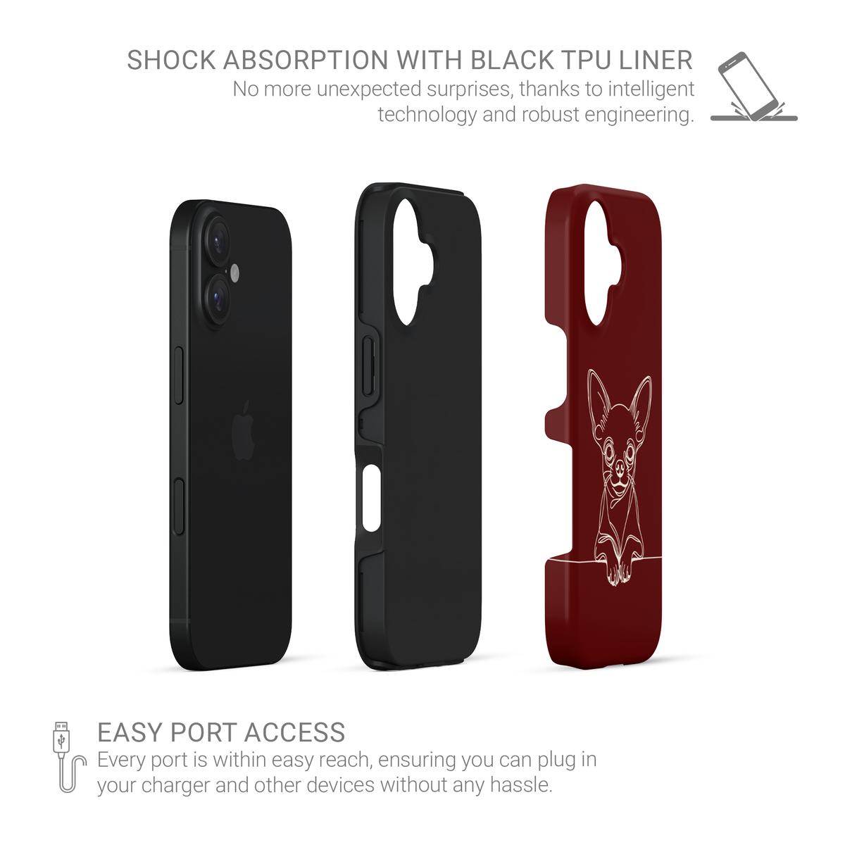 Claret Red Tough phone case with pale Chihuahua line art, oversized ears and paws resting on a fine horizontal line.