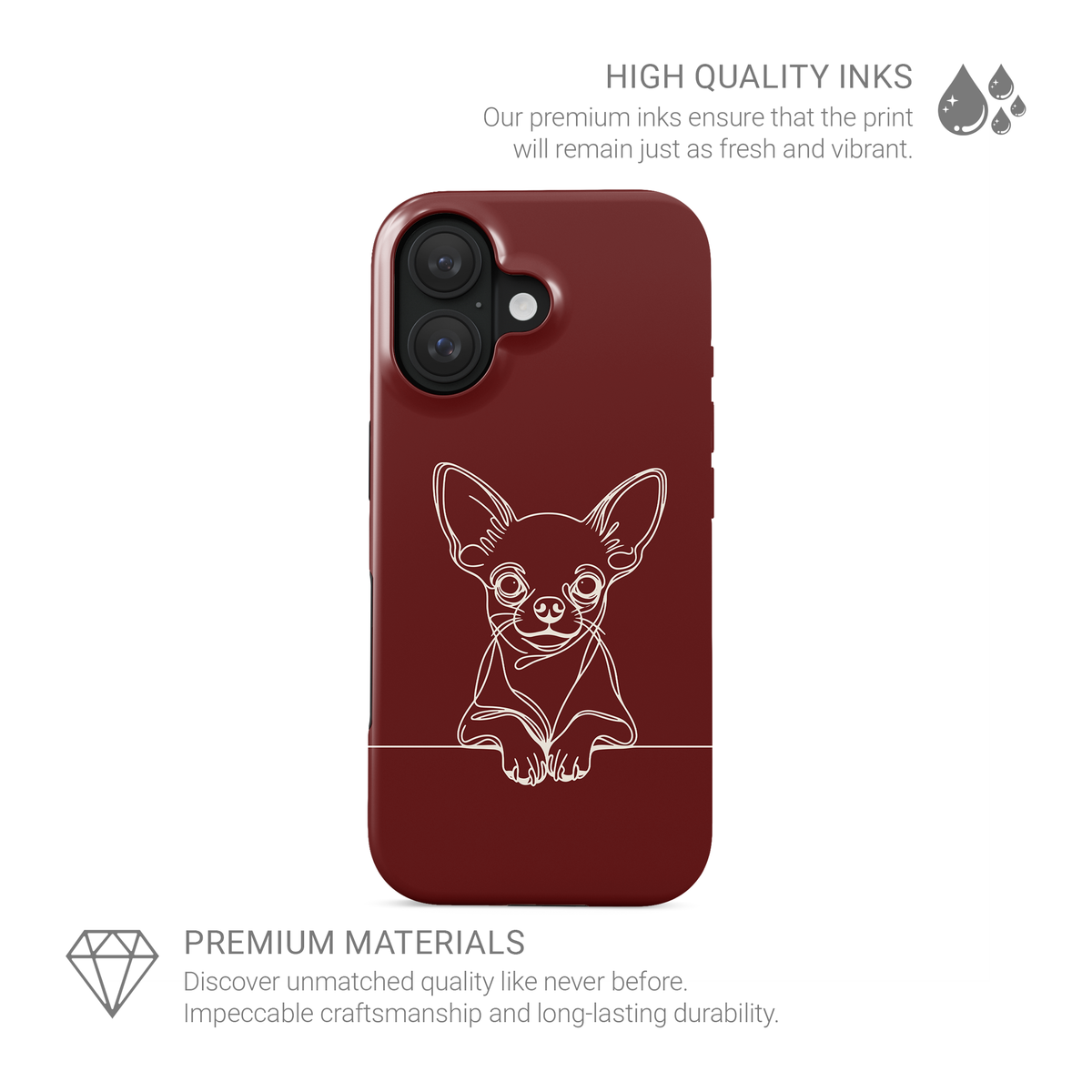 Taupe Tough phone case with pale Chihuahua line art, oversized ears and paws resting on a fine horizontal line.