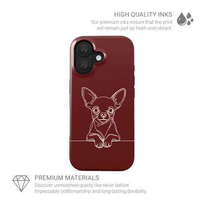 Taupe Tough phone case with pale Chihuahua line art, oversized ears and paws resting on a fine horizontal line.