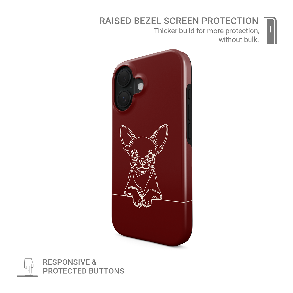 Midnight Blue Tough phone case with pale Chihuahua line art, oversized ears and paws resting on a fine horizontal line.