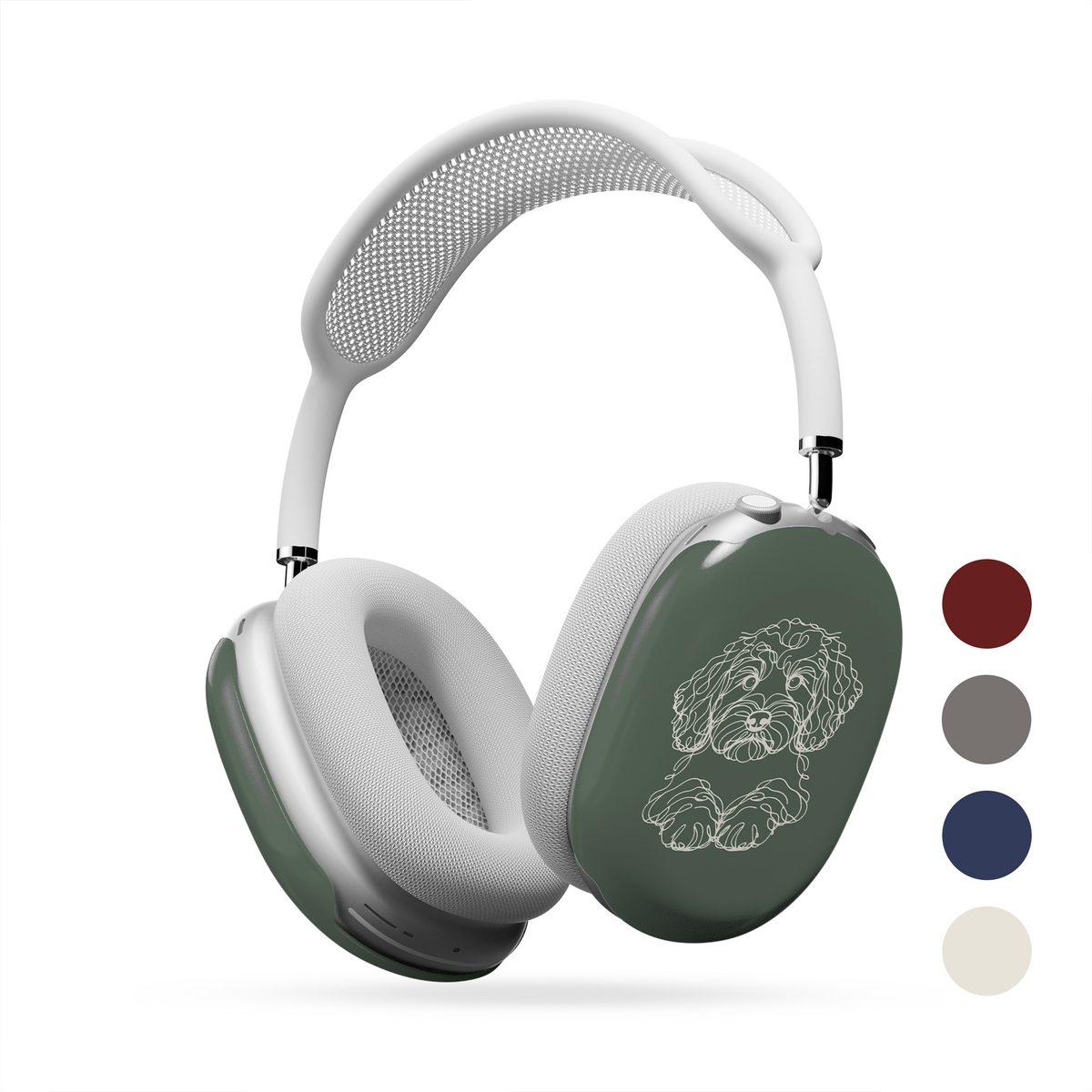 Cream AirPods Max ear-cup cover with black curly-haired Cockapoo line art and paws.