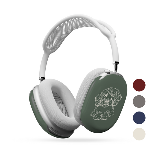 Cream AirPods Max ear-cup cover with black curly-haired Cockapoo line art and paws.