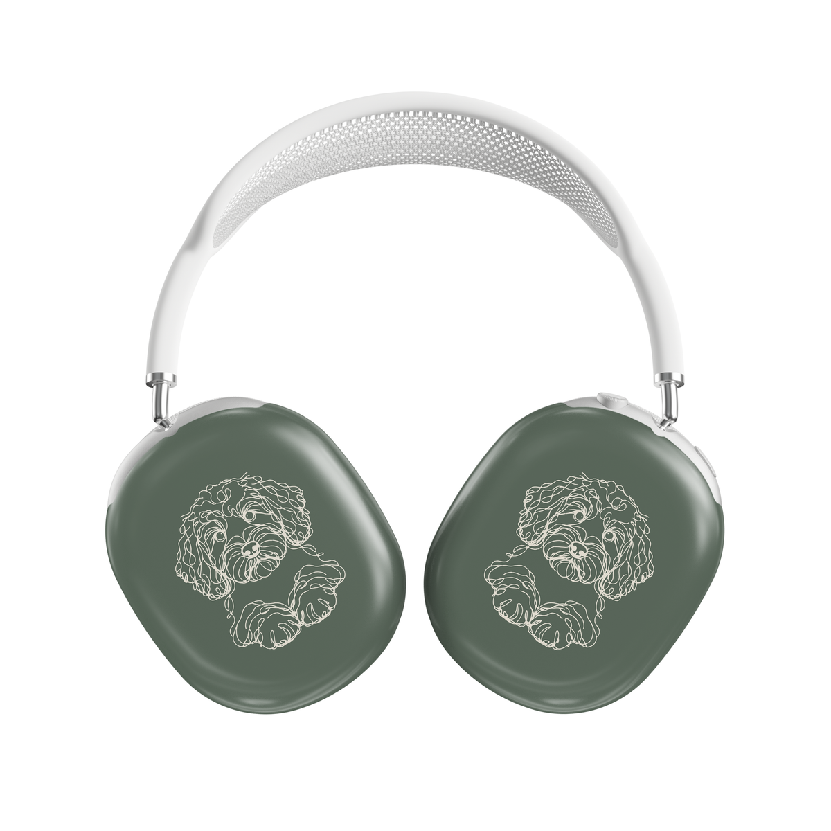 Sage Green AirPods Max ear-cup cover with pale curly-haired Cockapoo line art and paws.