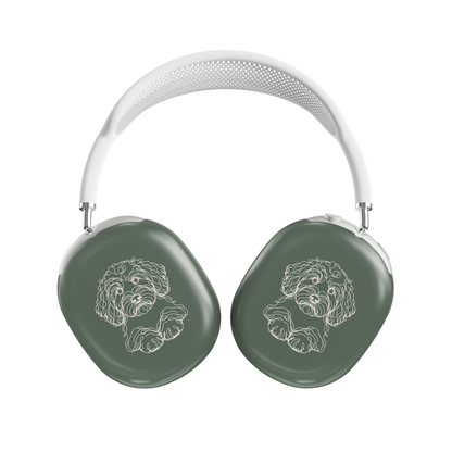 Sage Green AirPods Max ear-cup cover with pale curly-haired Cockapoo line art and paws.