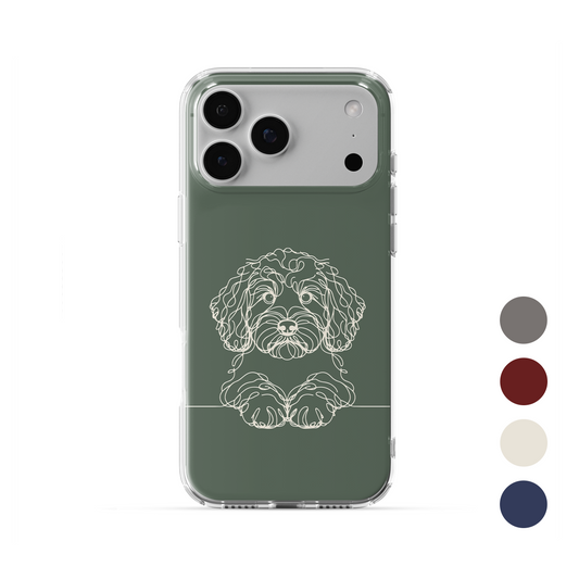 Clear phone case with curly-haired Cockapoo line art and paws peeking over a fine horizontal line.