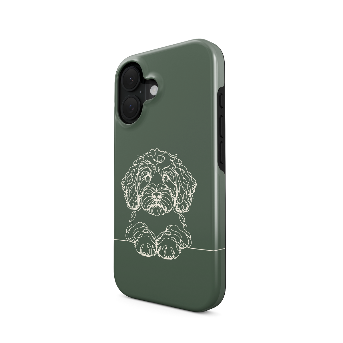 Sage Green MagSafe Tough phone case with pale curly-haired Cockapoo line art and paws resting on a fine horizontal line.