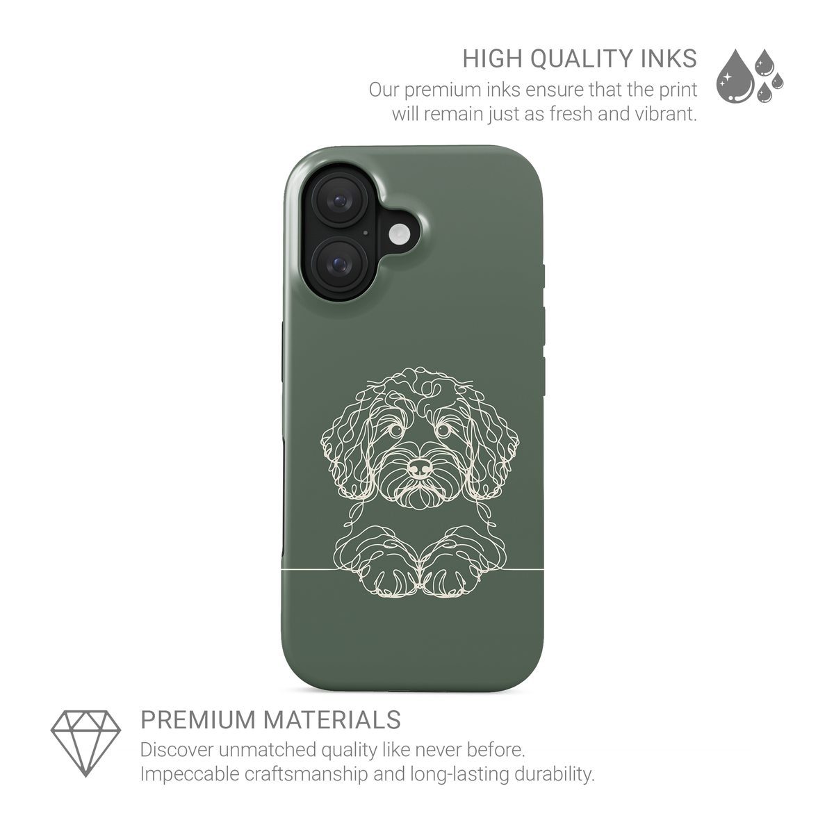 Taupe MagSafe Tough phone case with pale curly-haired Cockapoo line art and paws resting on a fine horizontal line.