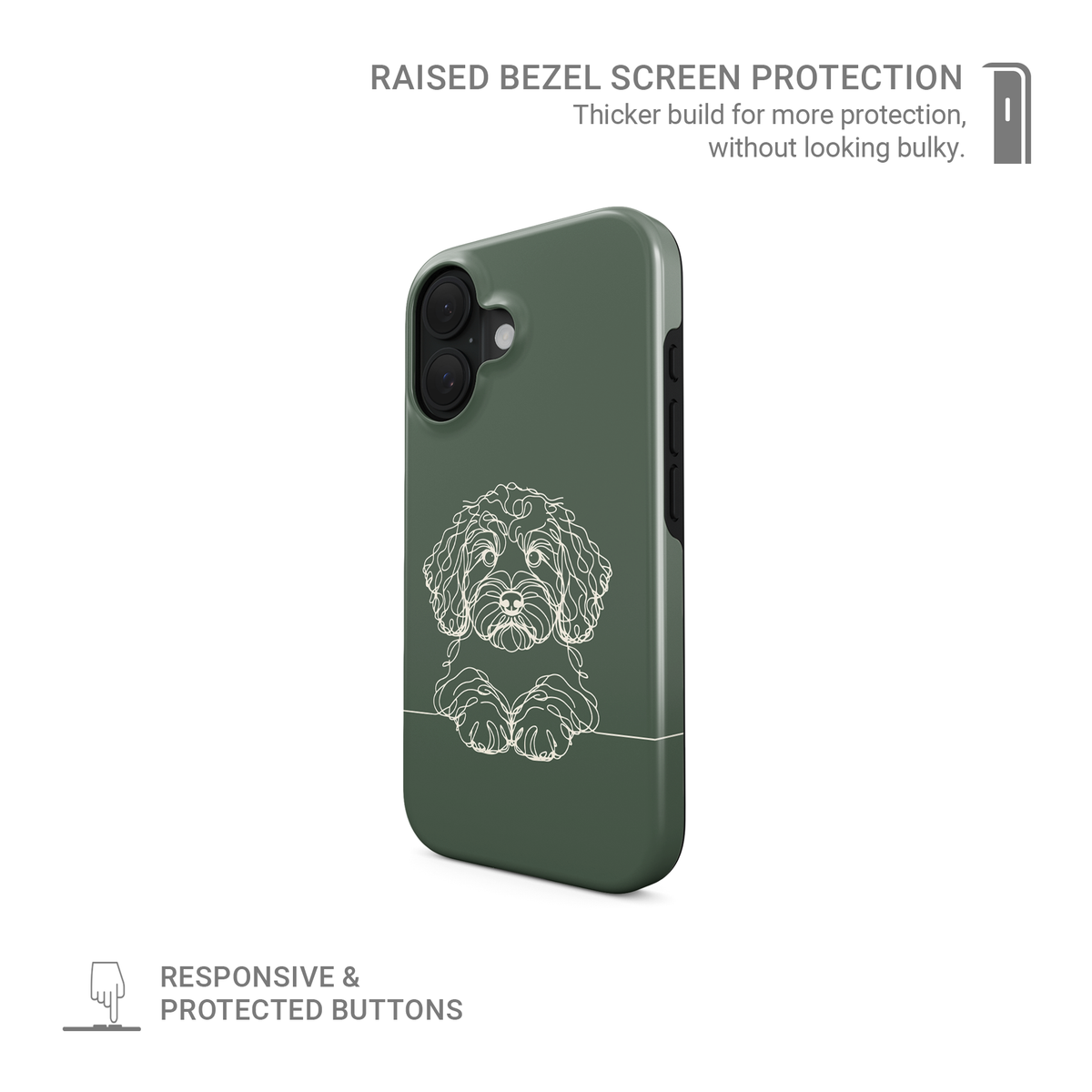 Midnight Blue MagSafe Tough phone case with pale curly-haired Cockapoo line art and paws resting on a fine horizontal line.