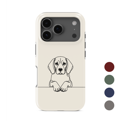 Cream Tough phone case with black Beagle line art, floppy ears and paws resting on a fine horizontal line.