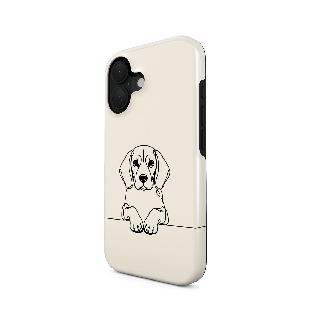 Sage Green Tough phone case with pale Beagle line art, floppy ears and paws resting on a fine horizontal line.