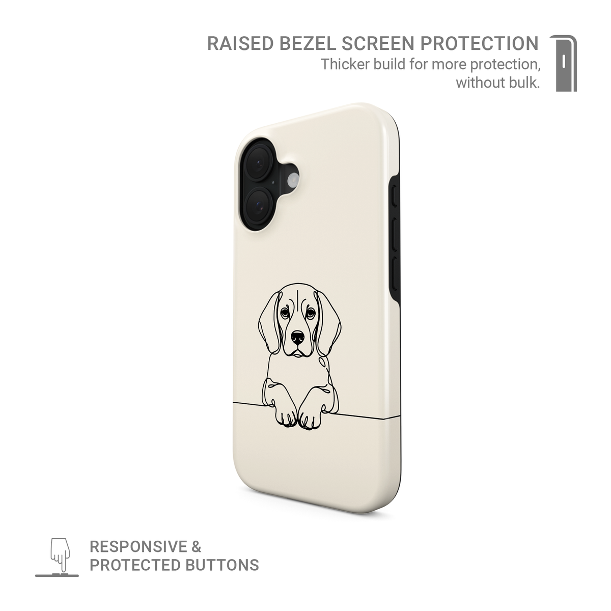 Midnight Blue Tough phone case with pale Beagle line art, floppy ears and paws resting on a fine horizontal line.