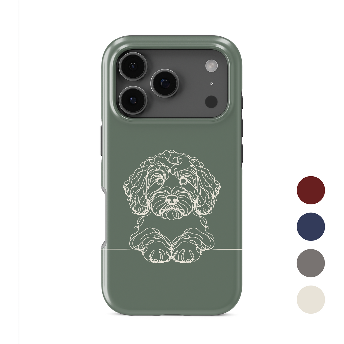 Cream Tough phone case with black curly-haired Cockapoo line art and paws resting on a fine horizontal line.