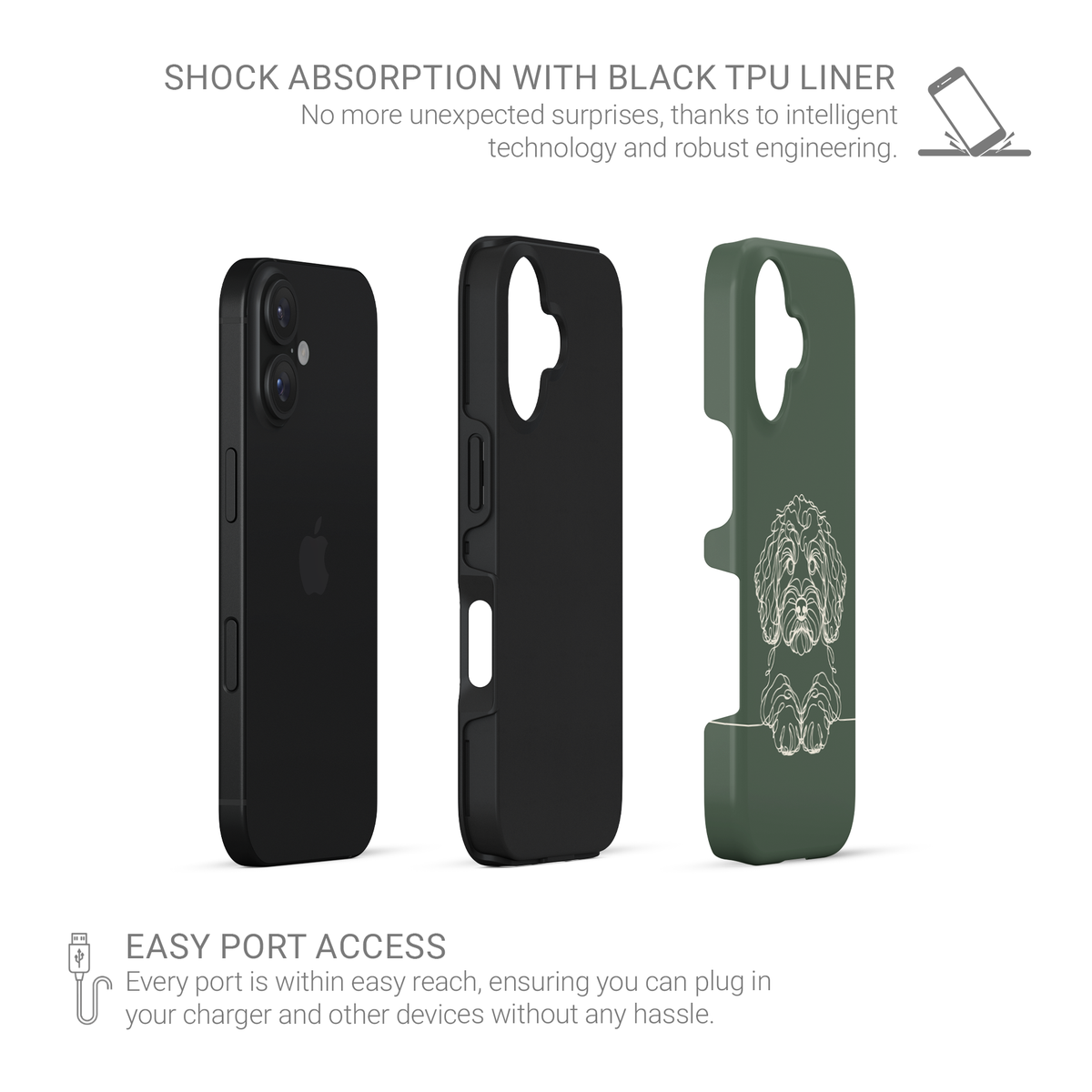 Claret Red Tough phone case with pale curly-haired Cockapoo line art and paws resting on a fine horizontal line.