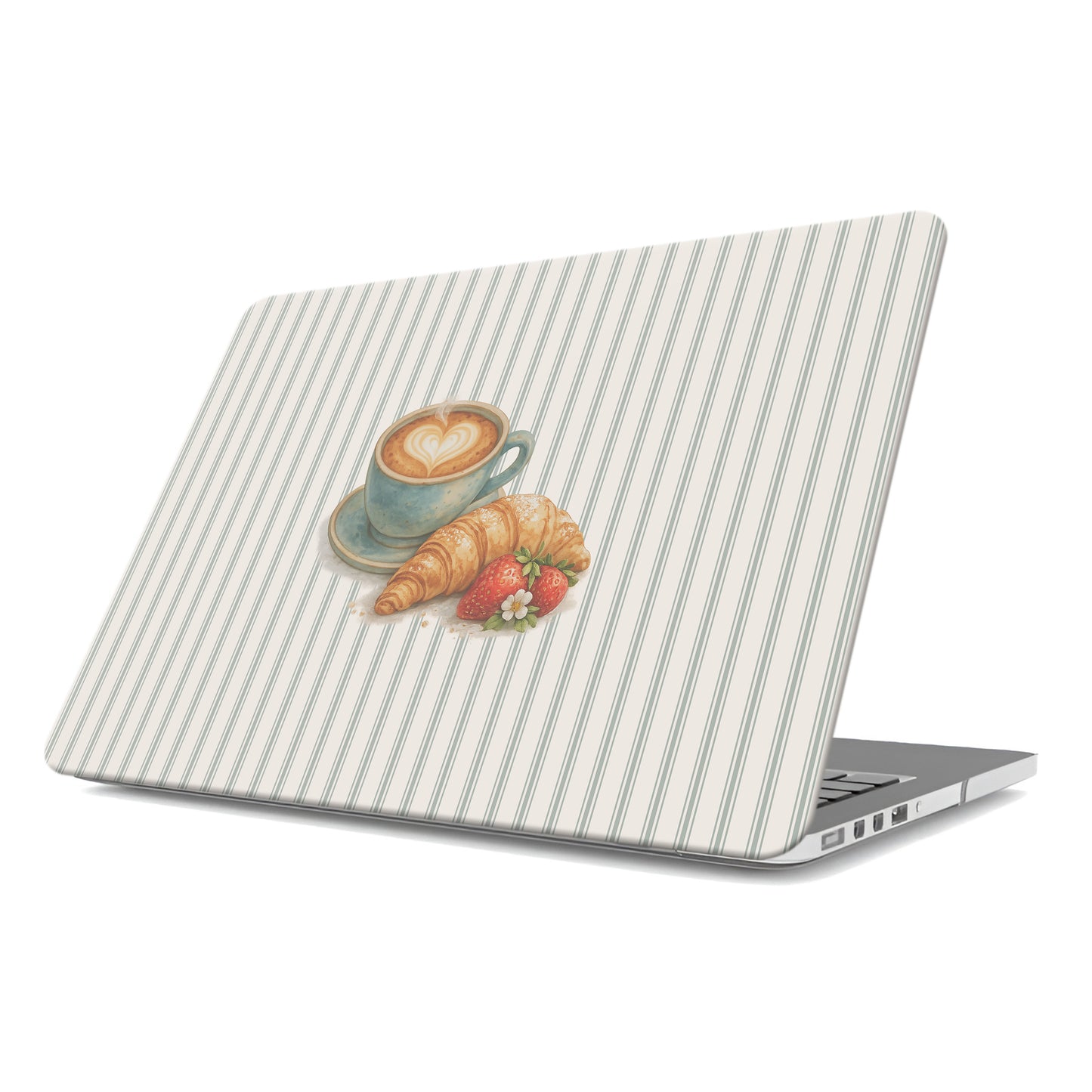 coffee croissant macbook case skin sage striped laptop cover aesthetic coffee laptop skin cute macbook cover neutral cafe design