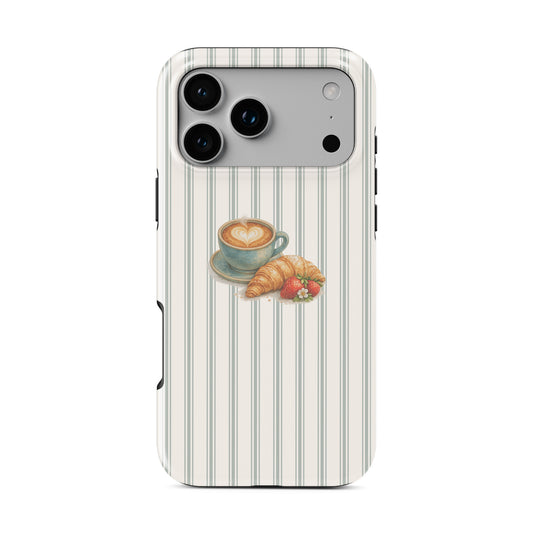 coffee croissant tough phone case strawberries cafe aesthetic iphone 15 case striped background cute cosy phone cover