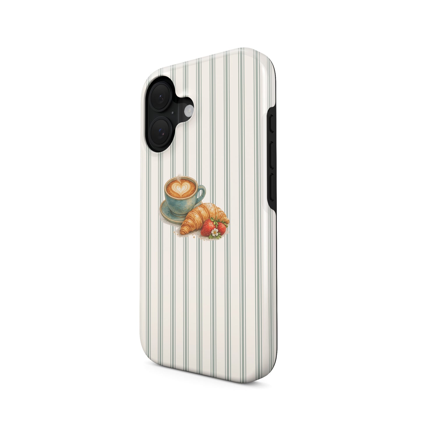 coffee croissant tough phone case strawberries cafe aesthetic iphone 15 case striped background cute cosy phone cover