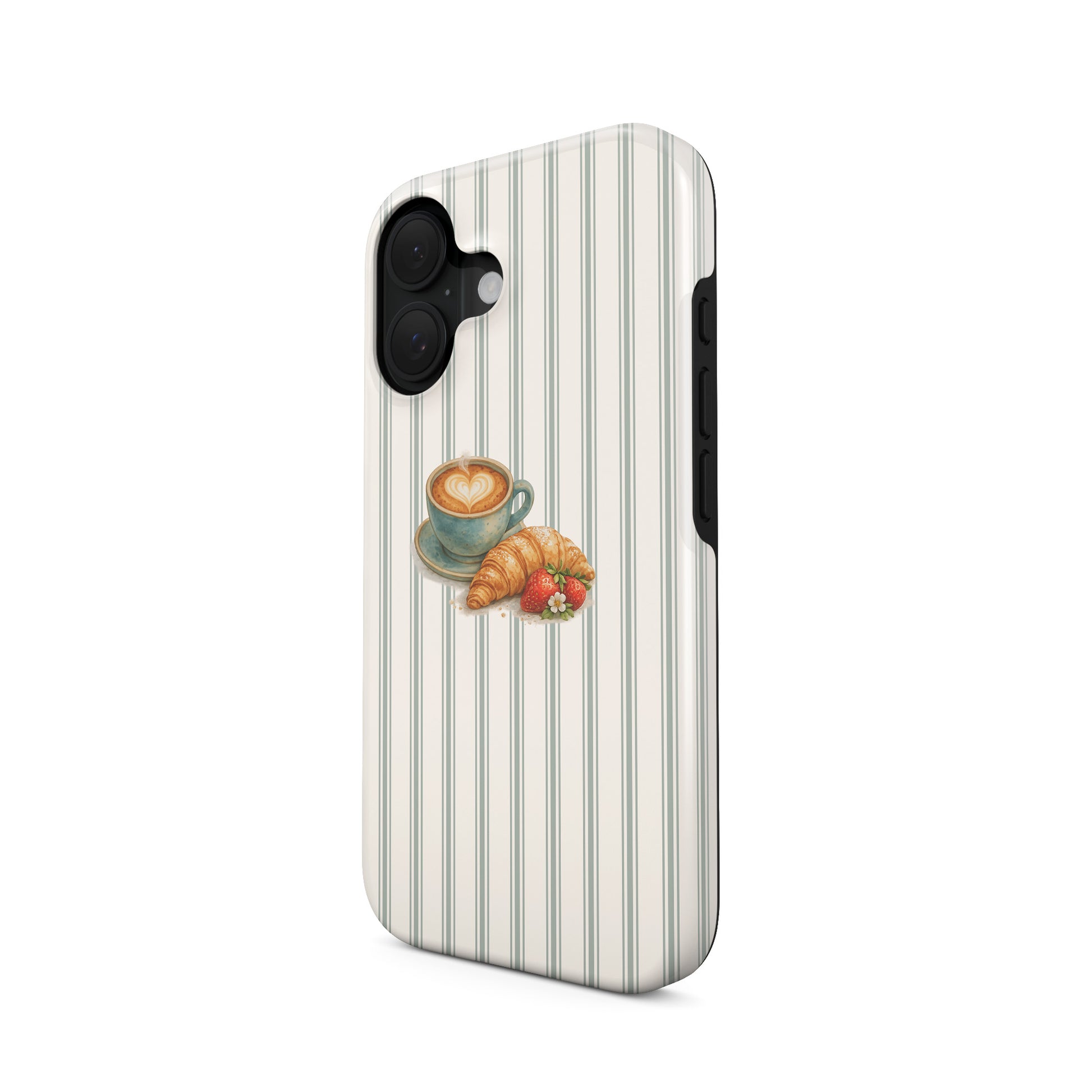 coffee croissant tough phone case strawberries cafe aesthetic iphone 15 case striped background cute cosy phone cover