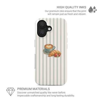 coffee croissant tough phone case strawberries cafe aesthetic iphone 15 case striped background cute cosy phone cover