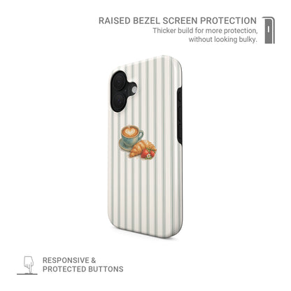 coffee croissant tough phone case strawberries cafe aesthetic iphone 15 case striped background cute cosy phone cover