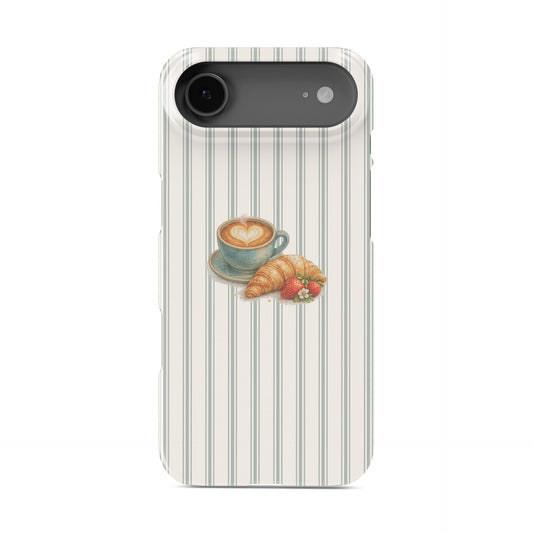coffee croissant phone case with latte and strawberry design on neutral stripe background cute aesthetic iphone 15 case café style