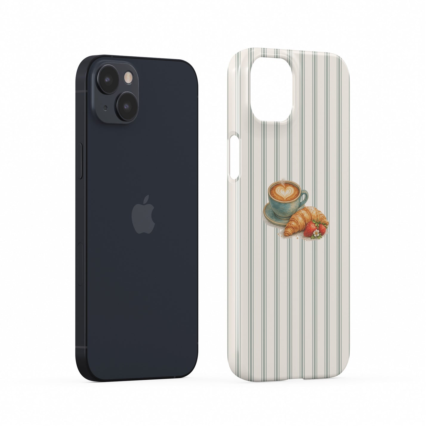 coffee croissant phone case with latte and strawberry design on neutral stripe background cute aesthetic iphone 15 case café style