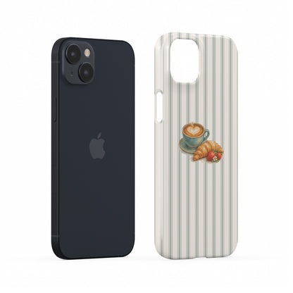 coffee croissant phone case with latte and strawberry design on neutral stripe background cute aesthetic iphone 15 case café style