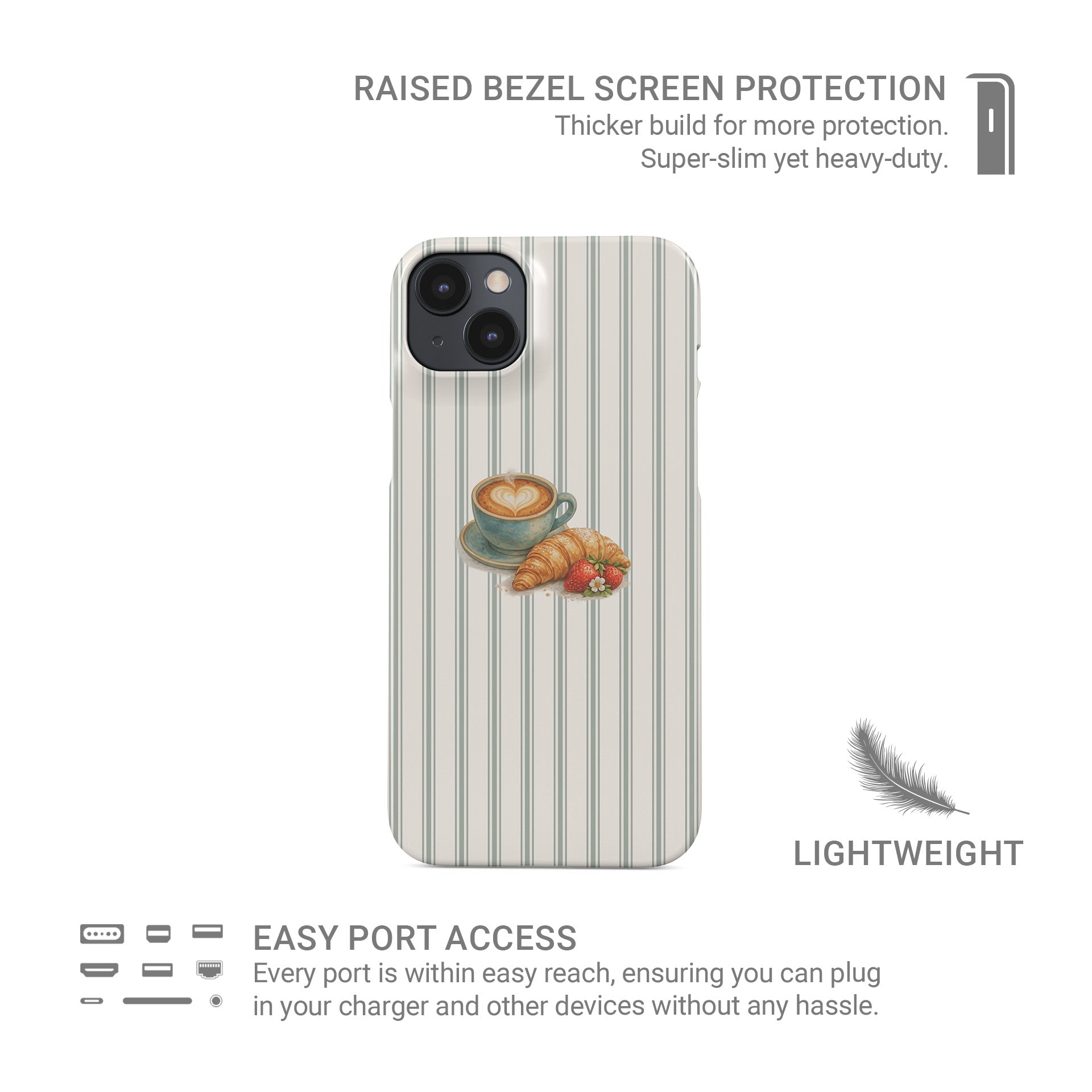 coffee croissant phone case with latte and strawberry design on neutral stripe background cute aesthetic iphone 15 case café style