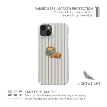coffee croissant phone case with latte and strawberry design on neutral stripe background cute aesthetic iphone 15 case café style