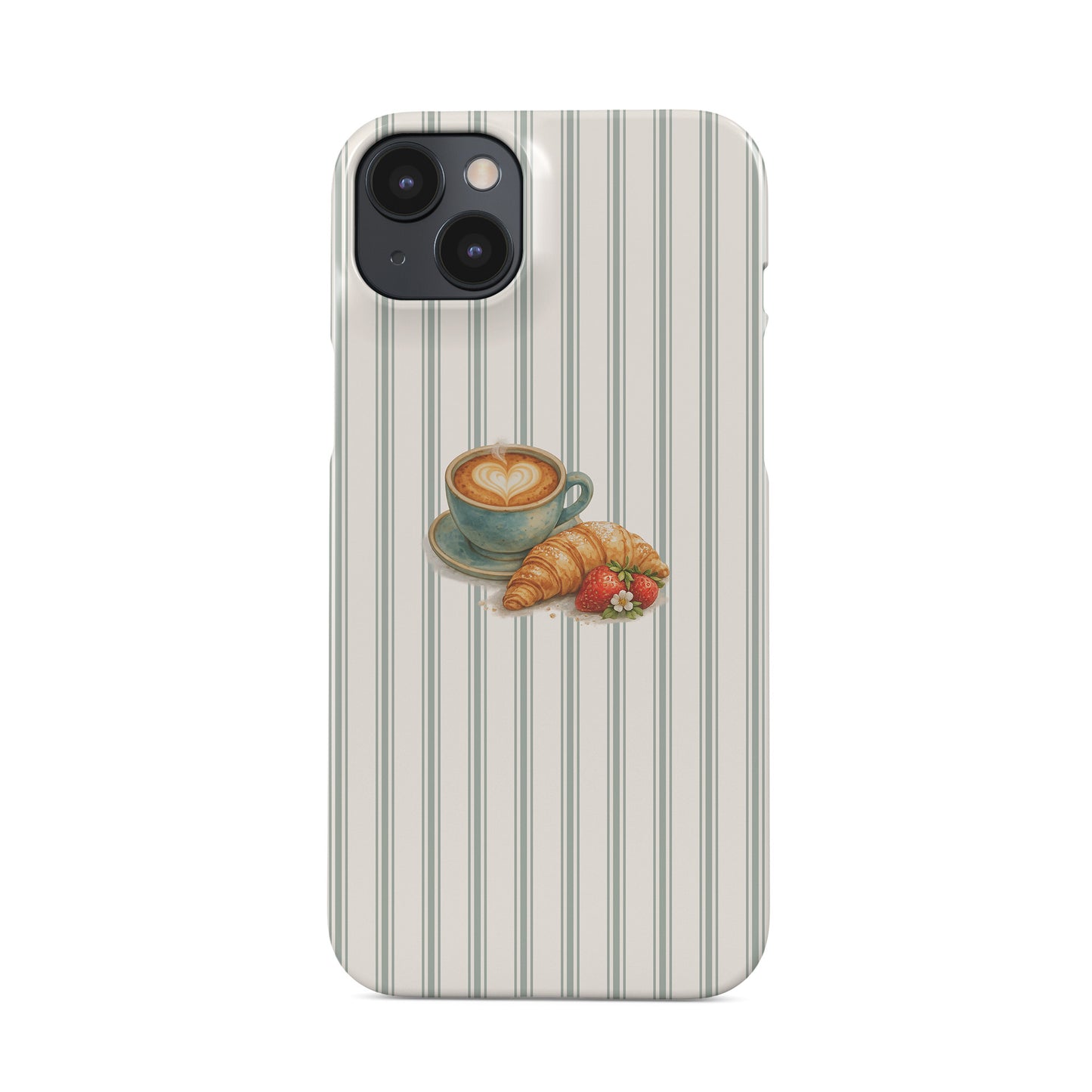 coffee croissant phone case with latte and strawberry design on neutral stripe background cute aesthetic iphone 15 case café style