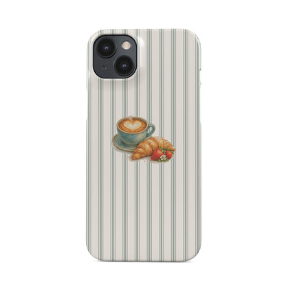 coffee croissant phone case with latte and strawberry design on neutral stripe background cute aesthetic iphone 15 case café style