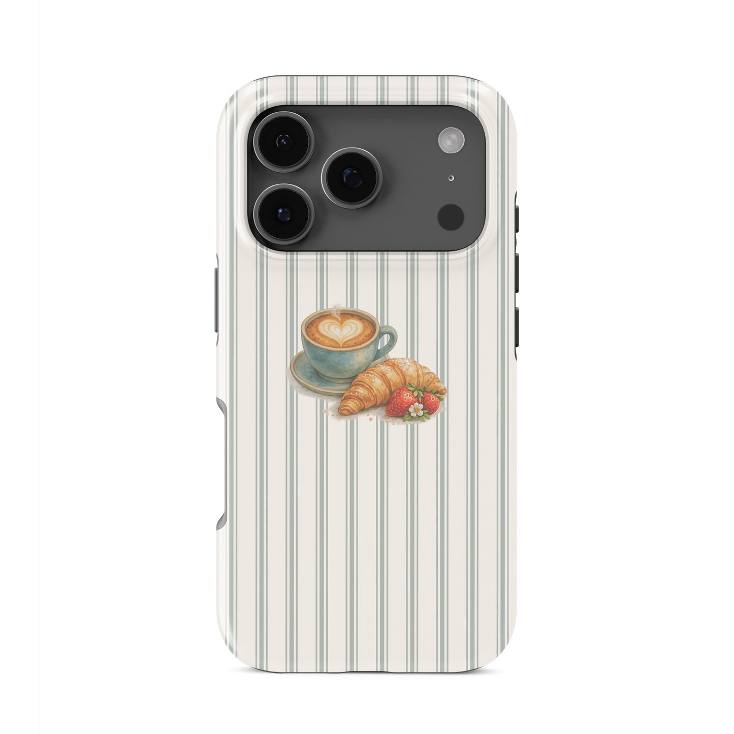 coffee croissant tough phone case with strawberries on stripe background cute aesthetic iphone 15 case cosy cafe style phone cover